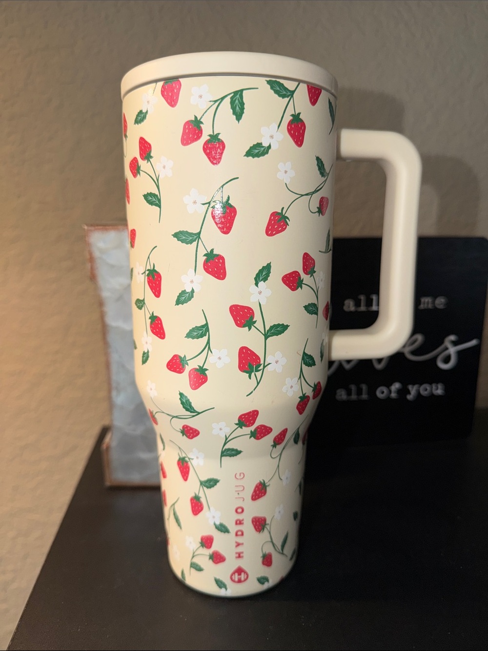 HydroJug Cream Tumbler with Red Strawberry Print
